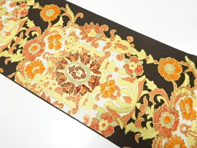 JAPANESE KIMONO / ANTIQUE FUKURO OBI / SILK / WOVEN FLORAL CREST